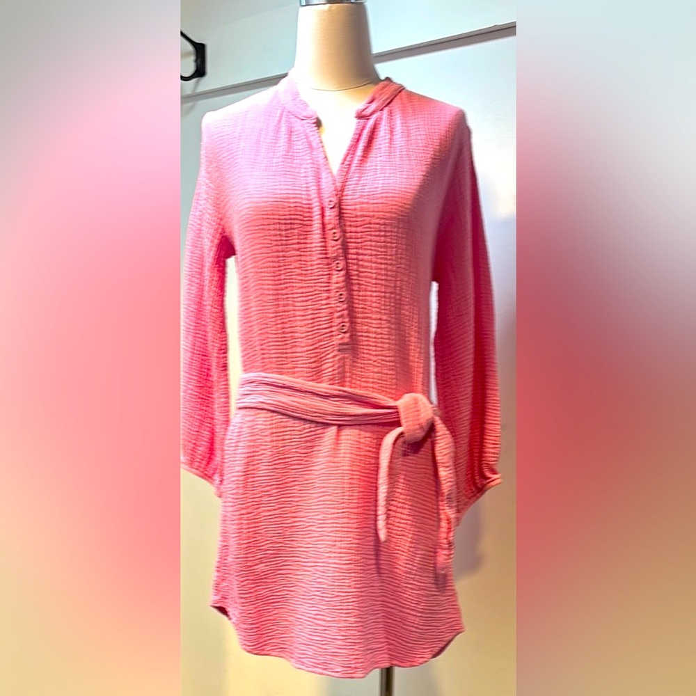 LA MADE Pink Sonia Belted Gauze Long Sleeve Mini Shirt Dress S